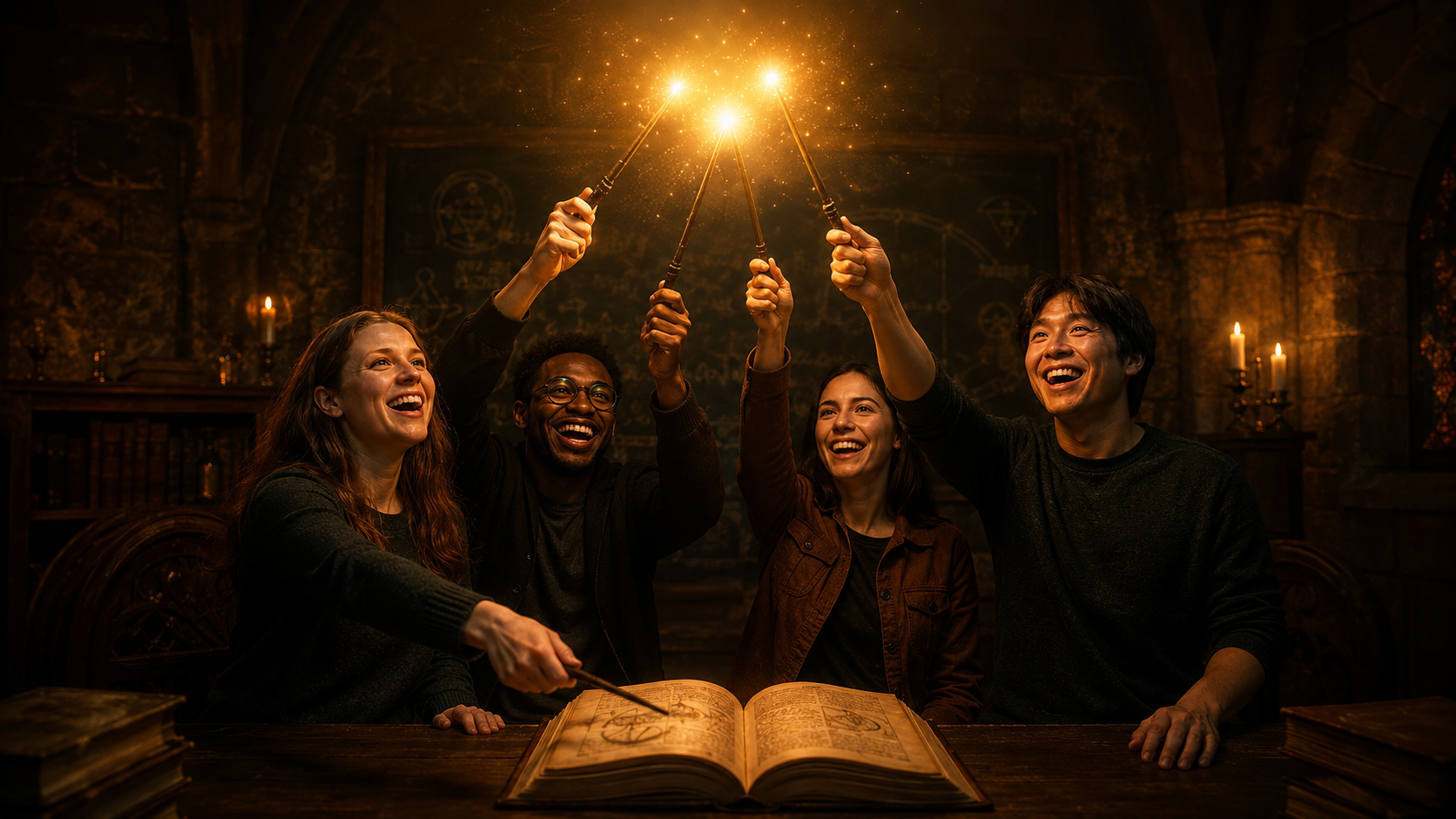 Grupo celebrando en sala de escape room temática